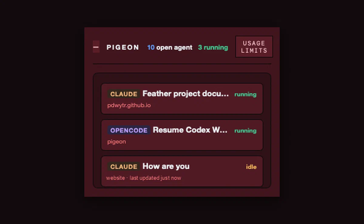 The Pigeon hover: ten open agents, three running, across three projects and three engines.